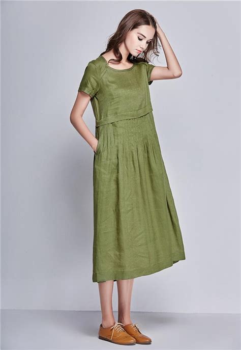 Linen Tunic Dress In Green Maxi Dress Linen Dress Woman Etsy Linen