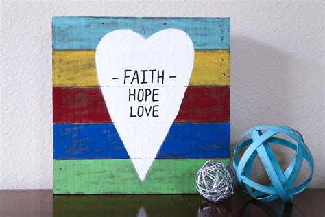 Faith Hope Love Wall Hanging Wood Art White Heart Colors