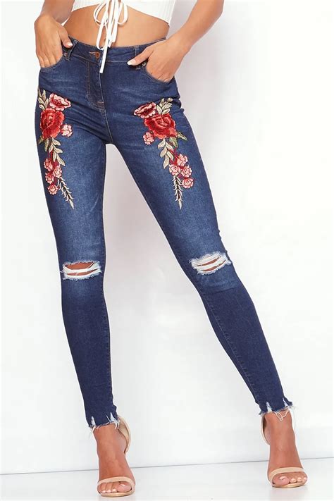 Buy Jeans Women Floral Embroidered Denim Ripped Pants Stretch Jeans Slim Pencil