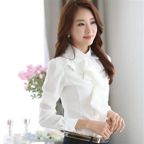 korean style women shirts ol career long sleeve white blouse flounced chiffon formal blouses