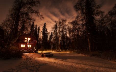 2839190 Nature Landscape Snow Winter Cottage Forest Night Lights