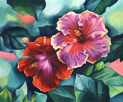 Red Hibiscus Oil Painting Flowers Emerging Passion Painting By Lucía