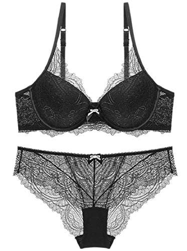 Cfzsyyw Womens Sexy Lace Lingerie Floral Lace Sheer Underwear Bra And Panty Set Black 36b