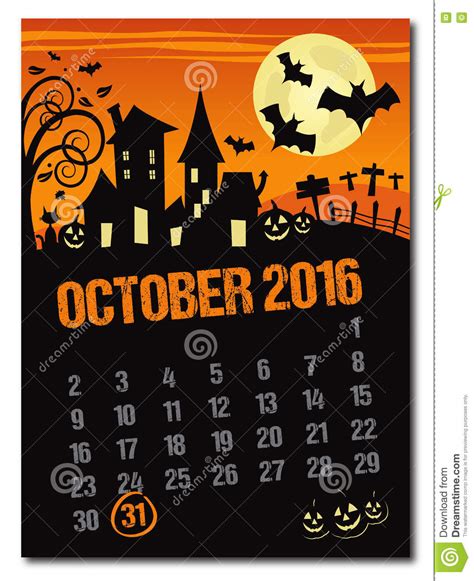 événement Du Mois D'octobre Comme Halloween En Anglais - Halloween Calendrier D'orange En Octobre 2016 Illustration de Vecteur