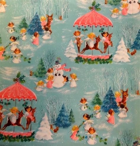 Vintage 1970s Hallmark Christmas Wrapping Paper Pastel Snowman And