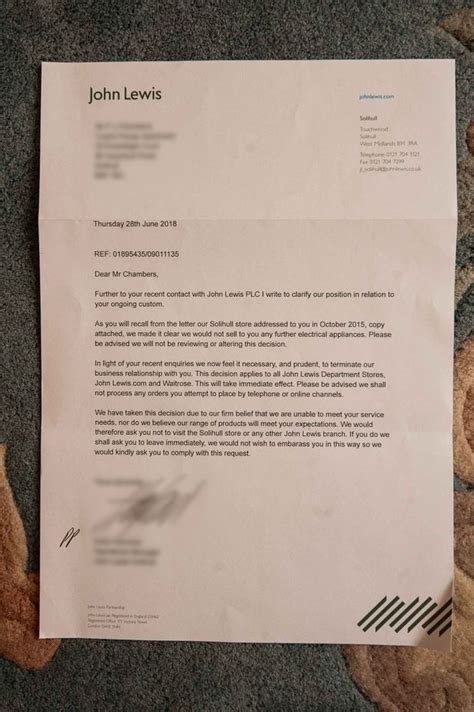 June 16, 2021 banned from store letter. John Lewis responds after they banned Paul Chambers from every department store and Waitrose in ...