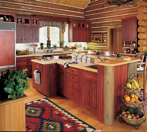Depending on how dark the stain is on the log cabin. country cabin kitchen with red. Log homes NEED color in ...