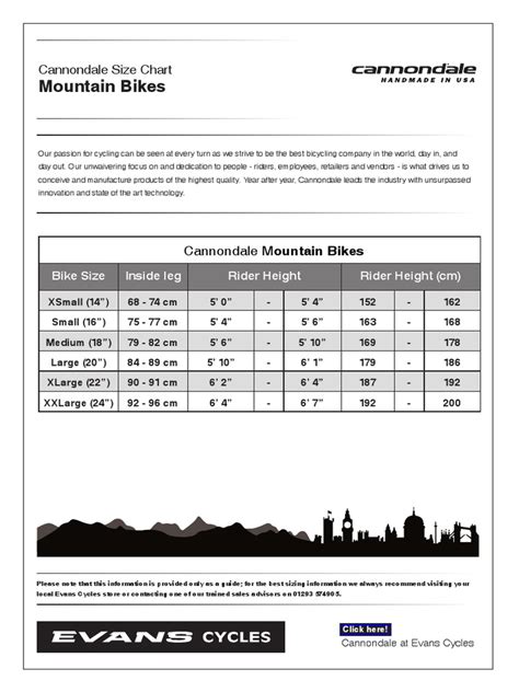 Bike Size Chart Cannondale