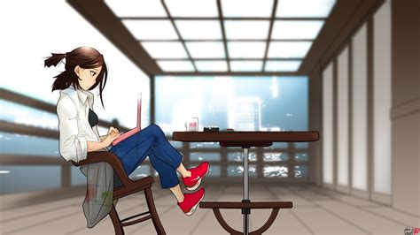 women indoors women brunette computer anime girls chair table city laptop red shoes