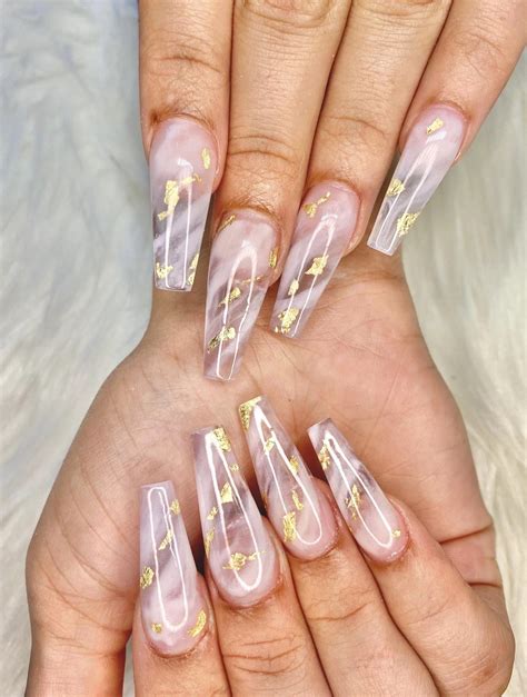 Clear White Marble Coffin Shaped Nails With Gold Foil Detail White