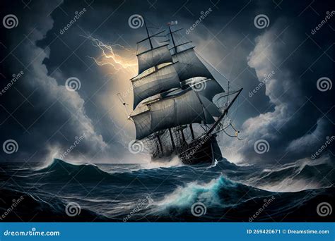 Sailing Ship In A Stormy Sea Against The Sky With Lightning Ai