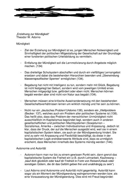 Erziehung zur Mündigkeit Adorno Anna Sieger Erziehungswissenschaft