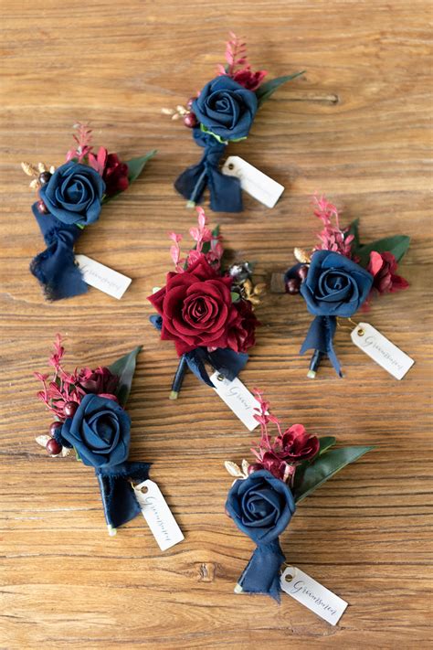 Wedding Boutonnieres Set Of 6 Navy Blue And Burgundy