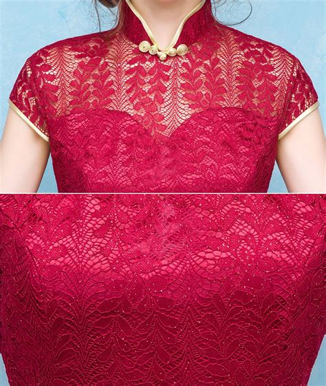 Wine Red Lace Qipao Cheongsam Dress With Split Cozyladywear