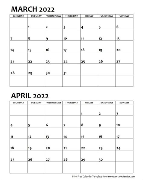 Mar Apr 2022 Calendar Monday Start Editable Two Months Template