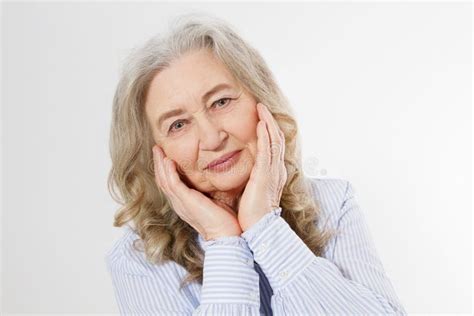 Closeup Of Smiling Senior Woman Wrinkle Face And Gray Hair Old Mature