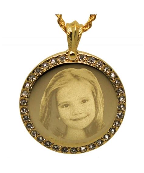 Personalized Photo Engraved Crystal Inlaid Round Pendant Necklace Free Engraving Included
