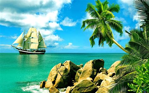 Tropical Landscape Boat Palm Trees Sea Rock Wallpaper Nature And