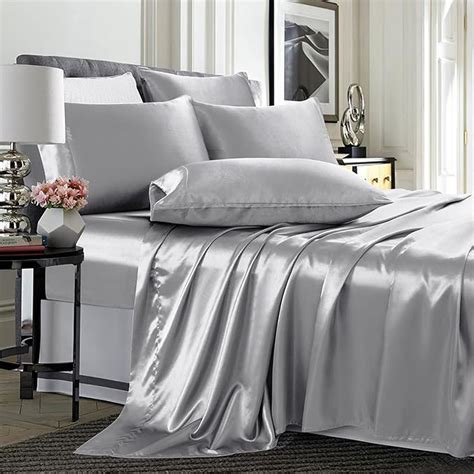 Amazon Com Treely Piece Satin Sheets Queen Size Silky Smooth Silver Grey Satin Sheet Set With