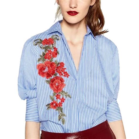 Ld Helly Women Blue Floral Embroidery Striped Long Blouse Female Lapel