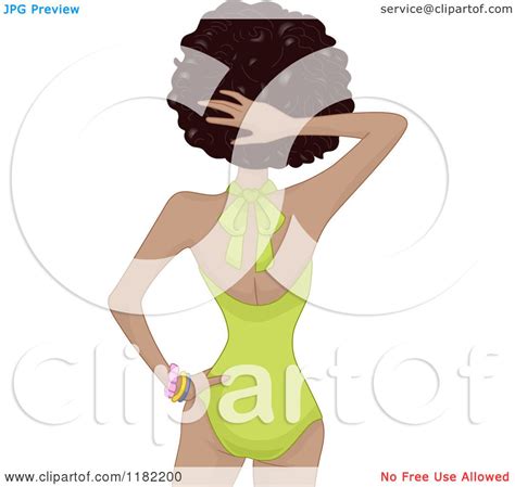 cartoon of a rear view of a black woman in a green one piece bathing suit royalty free vector