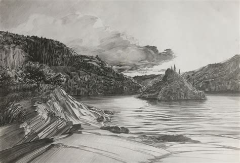 Lakes Island Graphite Drawing Landscape L Goenvec Kunst