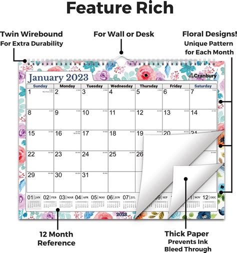 Buy Cranbury Large Wall Calendar 2023 Floral 12x15 Use To December