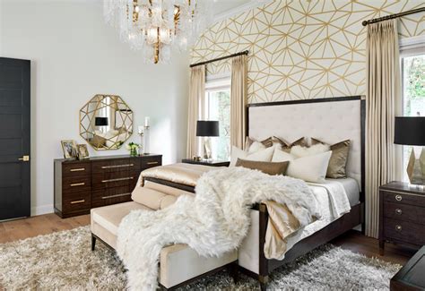 Luxe Master Bedroom With Gold And White Wallpaper Feature