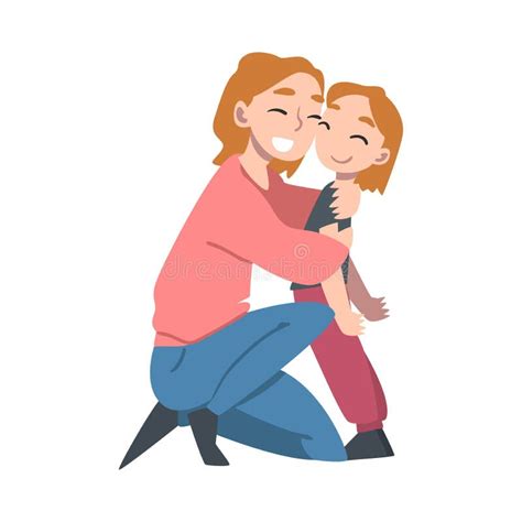 Loving Mom Hugging Her Little Daughter With Tenderness Maternity Love Concept Cartoon Style