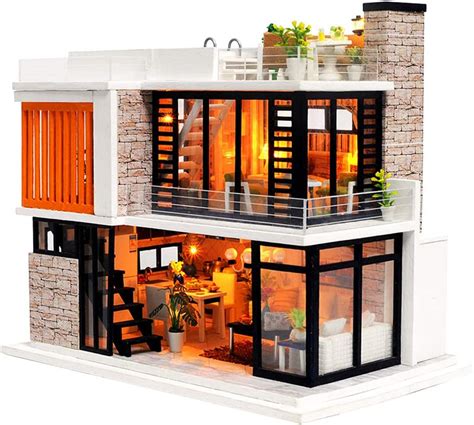 Spilay Diy Miniature Dollhouse Wooden Furniture Kit Handmade Mini Modern Villa Model With Led