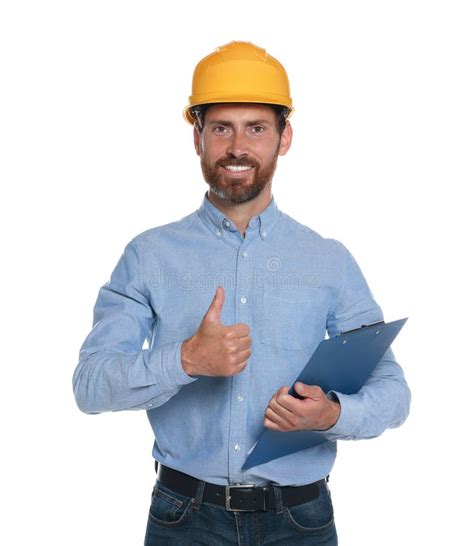 Professional Engineer In Hard Hat With Clipboard Showing Thumb Up