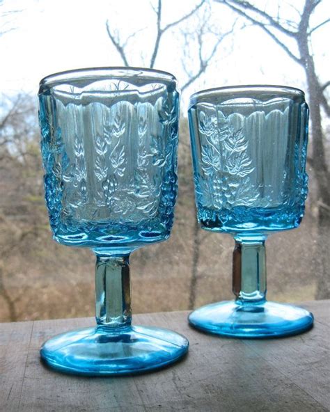 Blue Pressed Glass Goblets Etsy Glass Goblet Colored Glass
