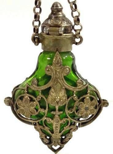 Victorian Emerald Glass Scent Perfume Bottle Chatelaine Chain Pendant