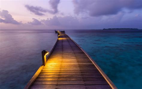 Nature Landscape Clouds Dock Sea Lights Island Sunset Maldives Walkway Calm Tropical