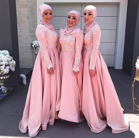 elegant pink long sleeve muslim prom dress dubai kaftan dress lace a line evening dresses long