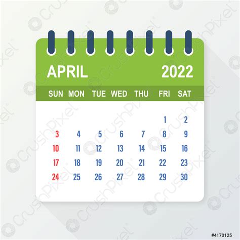 Abril 2022 Calendario Hoja Calendario 2022 En Estilo Plano Vector