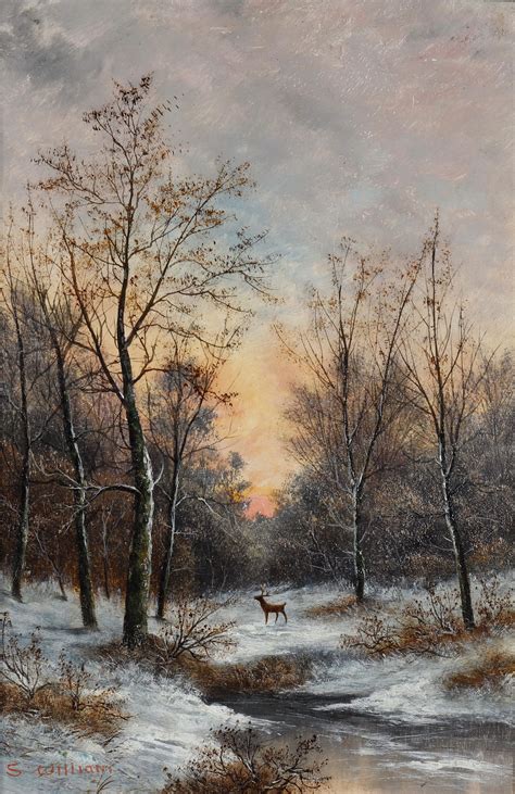 S William C1890 Deer In A Snowy Forest Winter Landscape
