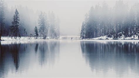 Nk06 Winter Lake White Blue Wood Nature Fog Wallpaper