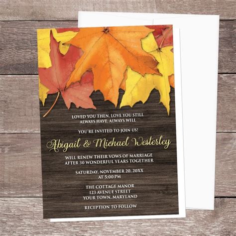 Autumn Vow Renewal Invitations Rustic Leaves Wood Renewing Vows In