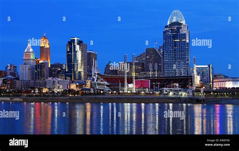The Cincinnati Ohio Skyline At Night With Reflections Stock Photo Alamy