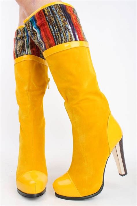 Yellow Velvet Multicolor Wool Patent Leather Accent Knee High Heel