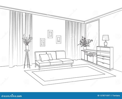Home Living Room Interior Outline Sketch Of Furniture With Sofa Stock