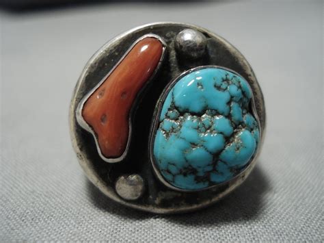 Heavy Mens Vintage Navajo Turquoise Coral Sterling Silver Native Amer