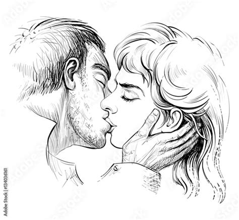 Kissing Couple In Love Black And White Hand Drawn Illustration