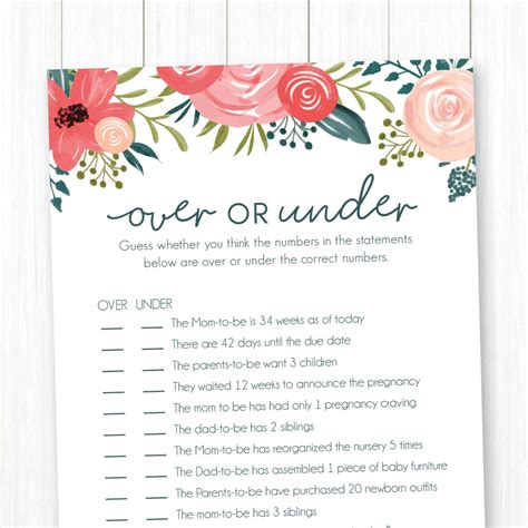 Over Or Under Baby Shower Game Printable Pink And Blue Etsy Australia