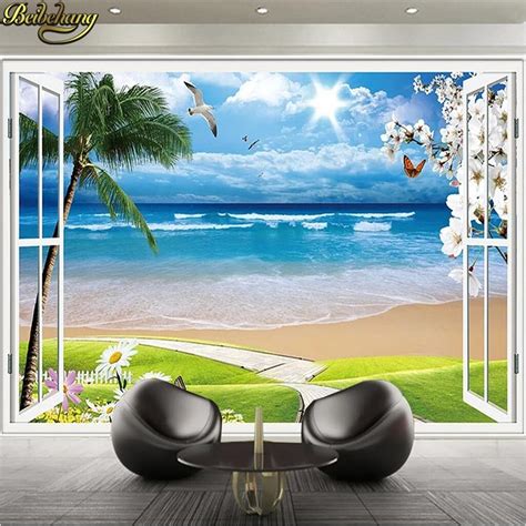 Beibehang Seaside Scenery Outside Window Custom 3d Mural Bedding Room