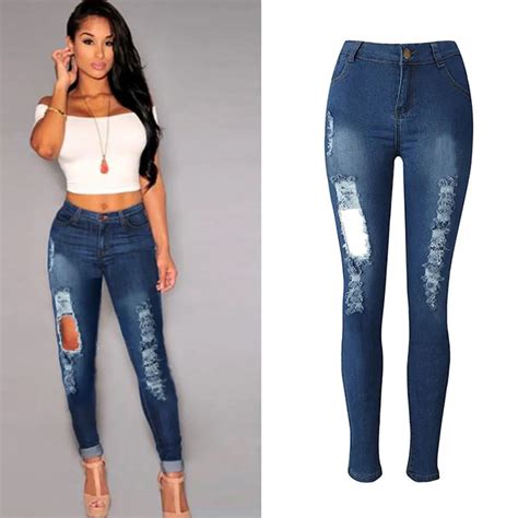fashion casual 2017 womens vintage skinny denim jeans high waist ripped pencil jeans stretch
