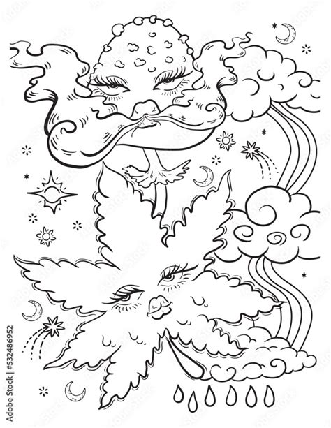 Weed Leaf And Mushroom Coloring Page Vector Coloring For Adults Stock