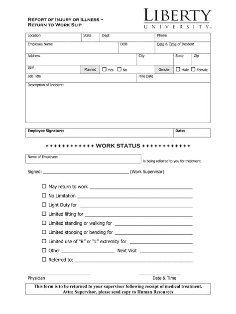 Printable Fillable Return To Work Form