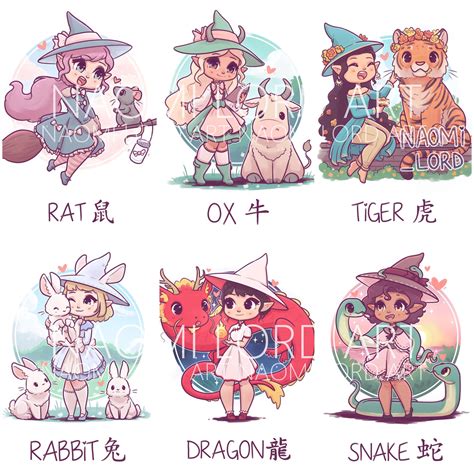 Kawaii Chinese Zodiac Animal Witches Stickers Andor Prints 6x8 Or